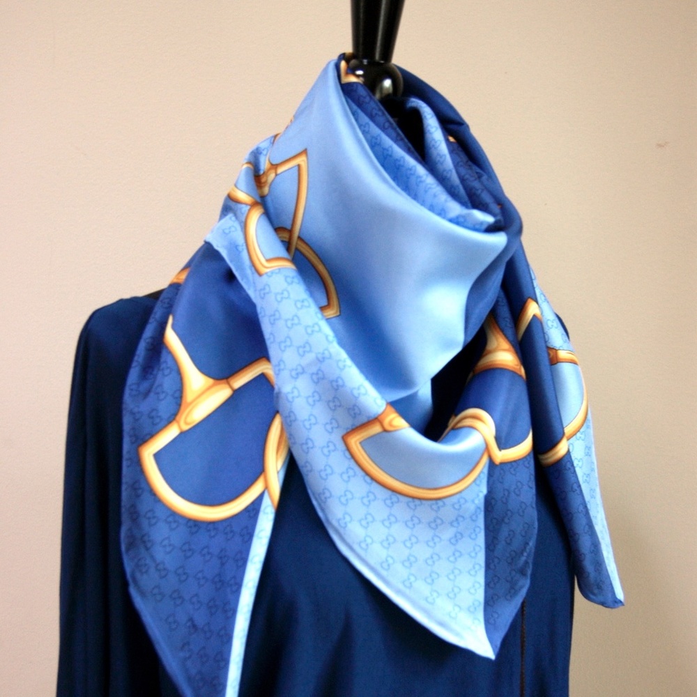 New Gucci Double Blue Silk Scarf